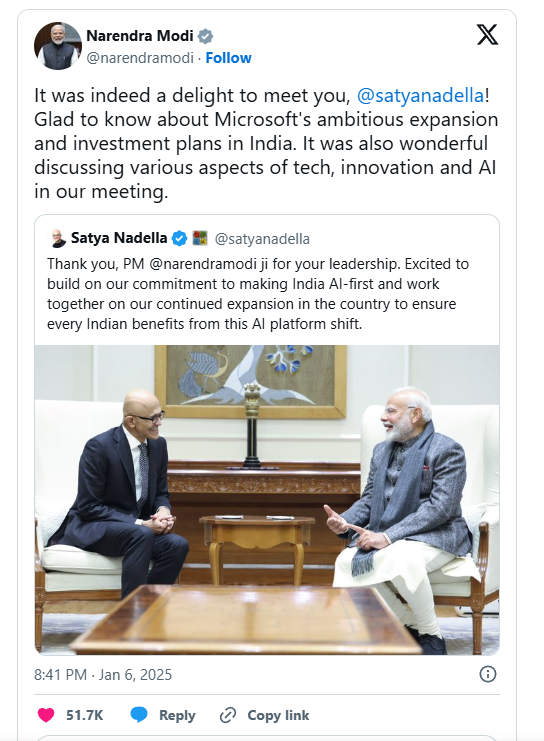 **Microsoft's $3 Billion Investment to Boost AI and Cloud Services in India**

Microsoft is making a significant move in India with a planned investment of $3 billion to expand its artificial intelligence (AI) and cloud services in the country. This investment aims to strengthen Microsoft's presence in India, a market the company has been operating in for over 20 years. At a recent event in Bengaluru, Microsoft CEO Satya Nadella announced the investment and shared the company’s plans to train 10 million people in India with AI skills.

### Microsoft’s Vision for India

Nadella emphasized that these investments reflect Microsoft’s long-term commitment to making India an AI-first country. The goal is to provide broad benefits to both individuals and organizations across India. Nadella expressed excitement about the rapid adoption of AI in the country, highlighting India’s potential to become a major player in the global AI ecosystem.

As the global AI race heats up, India has emerged as a crucial market for major U.S. tech companies. Microsoft is not the only company investing heavily in the region. Amazon, for instance, plans to invest $12.7 billion in India by 2030 to strengthen its business in the country.

### AI and Cloud Expansion

Microsoft is already a leading provider of cloud and AI services in India. It currently operates three data centers in the country, with plans to launch a fourth next year. The company’s $3 billion investment will be used to create a scalable AI computing infrastructure, which will support AI startups and the research community in India.

India has become one of the largest and fastest-growing developer markets in the world. The country boasts more than 17 million developers who use Microsoft’s GitHub platform. Microsoft sees immense potential in India’s tech talent pool and is aiming to foster even more growth in the country’s AI and cloud industries.

### AI Skills and Training

Microsoft's commitment to India also includes a significant focus on skills development. The company plans to train 10 million people in India with AI skills. This is part of Microsoft’s broader effort to help bridge the digital skills gap and ensure that the workforce is ready for the future of AI and cloud technologies.

In addition to this, Microsoft has signed an AI Memorandum of Understanding (MoU) with SaaSBoomi, a community for B2B startups in India. This partnership aims to promote entrepreneurship in smaller cities and towns across the country, helping to nurture AI and SaaS startups. Through this collaboration, Microsoft and SaaSBoomi plan to attract an additional $1.5 billion in venture capital funding for Indian startups working in the AI and SaaS sectors.

### Growing AI Ecosystem

The investment and partnerships come as Microsoft is seeing increasing demand for its AI solutions from Indian clients. Several large companies in India are already using Microsoft’s cutting-edge AI technologies. Clients like Infosys, Air India, Meesho, Tech Mahindra, and others are integrating Microsoft’s AI tools into their operations to improve efficiency and reduce costs.

One example of how Microsoft is helping businesses in India is its 365 Copilot technology. IT firm Persistent is using Microsoft 365 Copilot’s “Contract Assist” to cut down negotiation times by as much as 70%. This AI tool helps streamline the contract process by automating tasks, ultimately saving businesses valuable time and resources.

### India’s Role in the Global AI Landscape

As Microsoft continues to expand its footprint in India, it is clear that the country is playing an increasingly important role in the global AI landscape. The massive investments and focus on skills training will not only benefit Indian businesses but also contribute to the global AI community. With a growing number of tech executives, such as Nvidia’s Jensen Huang and AMD’s Lisa Su, visiting India, it is clear that the country is becoming a key hub for AI innovation.

### Conclusion

Microsoft’s $3 billion investment in AI and cloud services is a major step in its effort to build a strong AI ecosystem in India. The company’s focus on training, infrastructure development, and partnerships with Indian startups will help India cement its position as a leader in AI technology. As AI adoption continues to rise, Microsoft’s investment will enable businesses and individuals in India to take full advantage of the opportunities presented by this transformative technology.